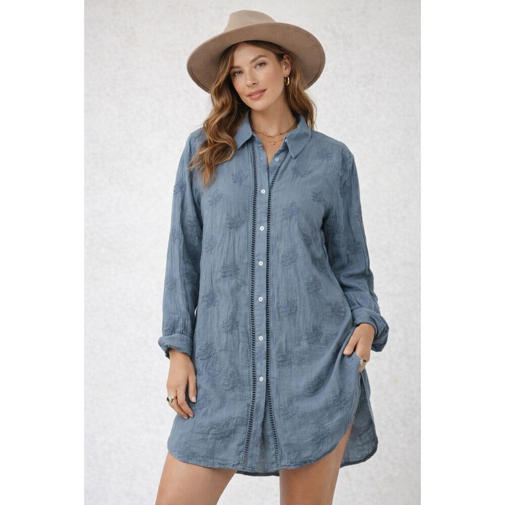 SUNDANCE Floral Cloverfield Embroidered Tunic Shirt Button Top Blue Boho Sz XS